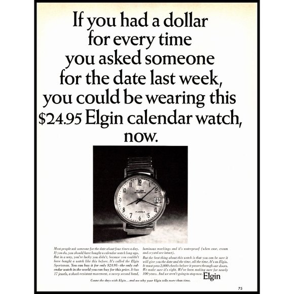 1963 Elgin Sportsman Calendar Watch Vintage Print Ad Wall Art 10x13 - Picture 1 of 1